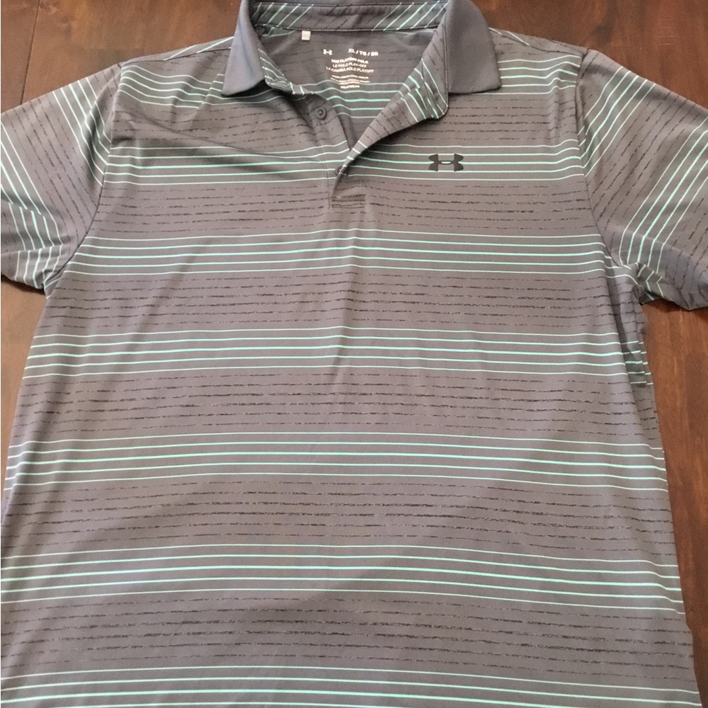 Under Armour, golf shirt, size XL Grey with green stripes.